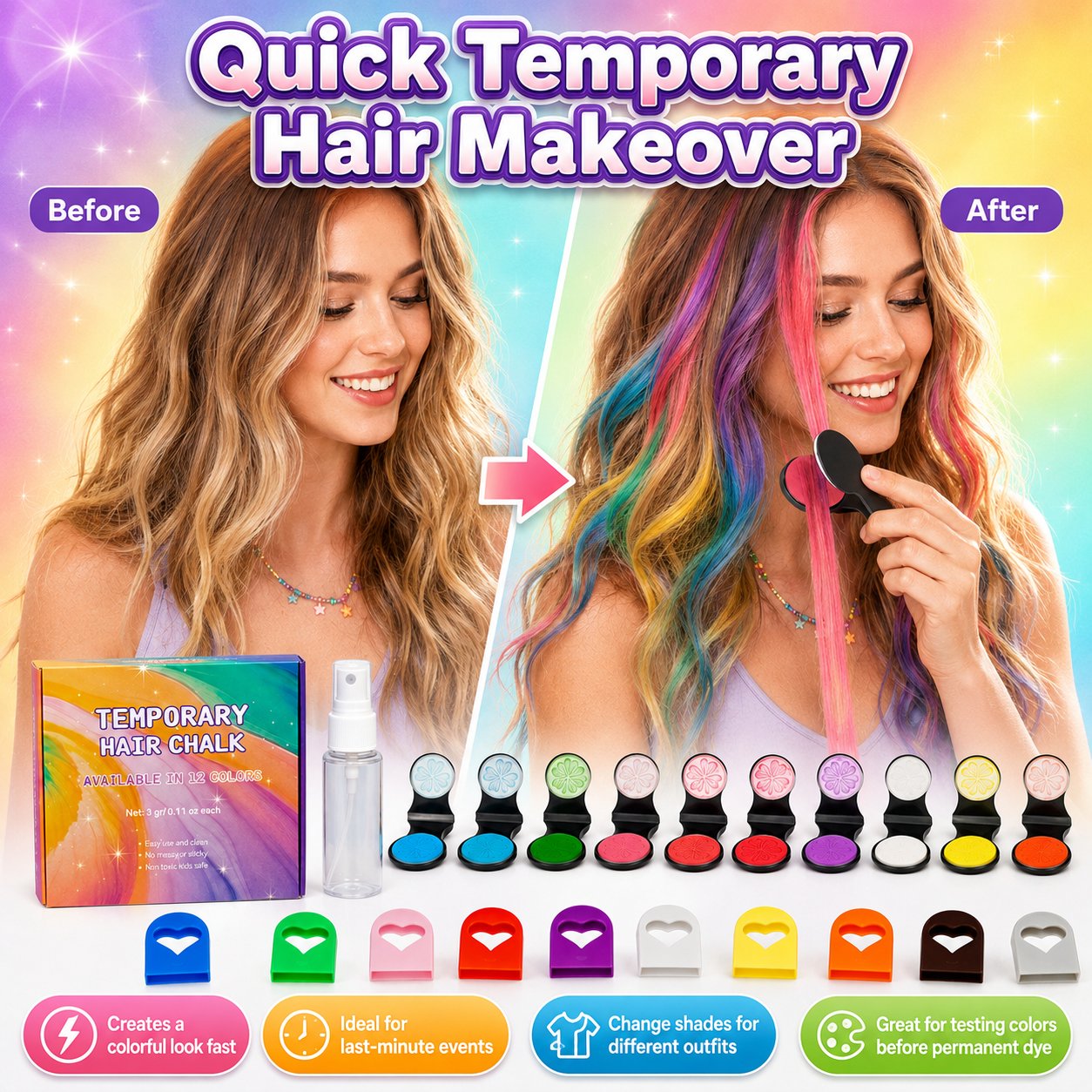 Last Day 50% OFF - 12-Color Temporary Hair Chalk Applicator Set