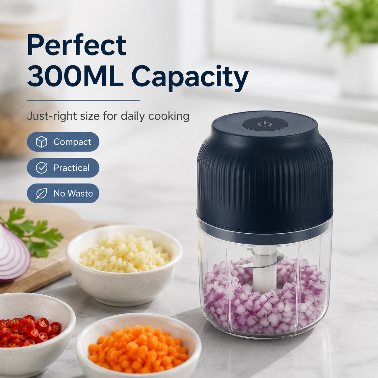Electric Food Shredder, 4 Sharp Blades，Portable Veggie Chopper, 300ML