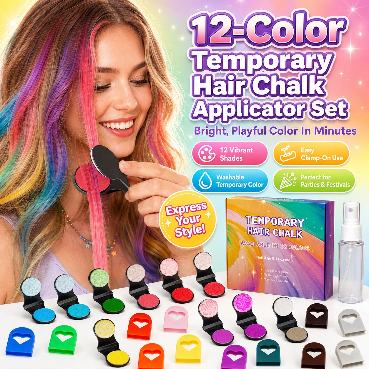 Last Day 50% OFF - 12-Color Temporary Hair Chalk Applicator Set