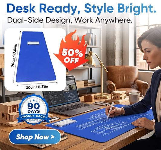 Double-sided blueprint desk mat — smooth, non-slip, protects your desk, and flips to switch styles.