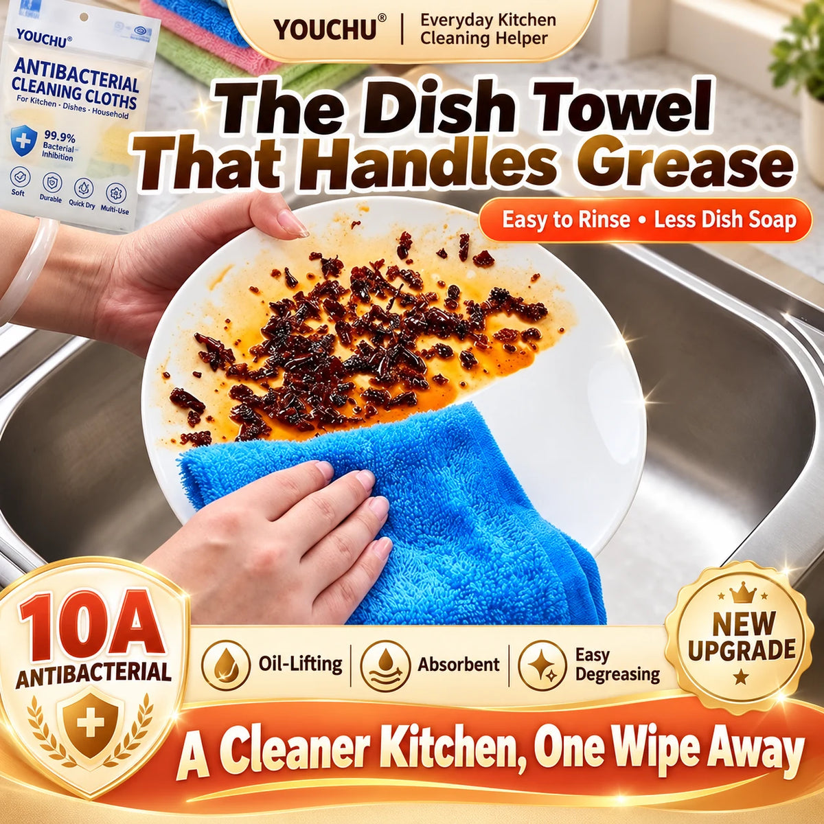 10A Antibacterial Easy-Rinse Dishcloth - Advanced Wood-Fiber Cleaning Cloth
