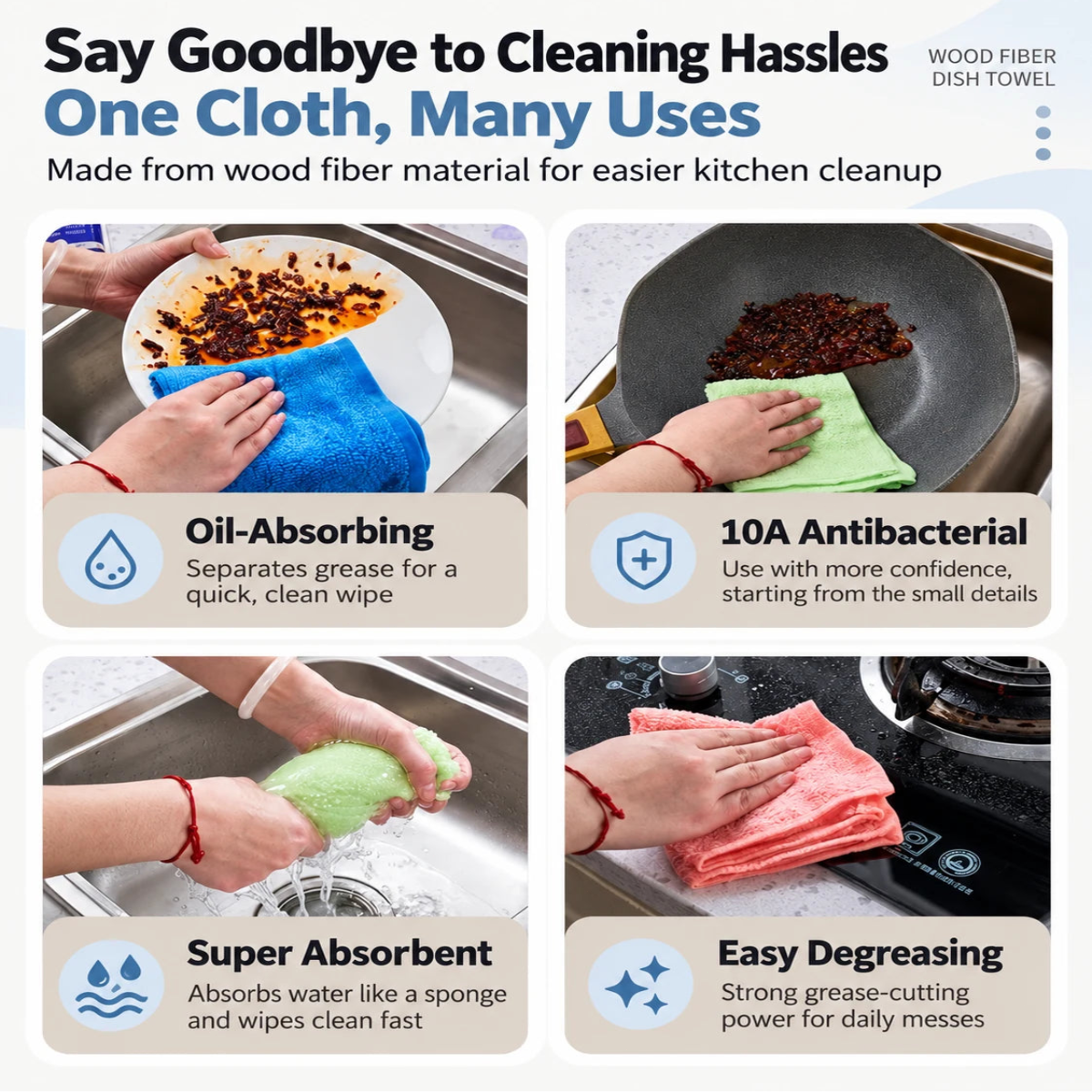 10A Antibacterial Easy-Rinse Dishcloth - Advanced Wood-Fiber Cleaning Cloth