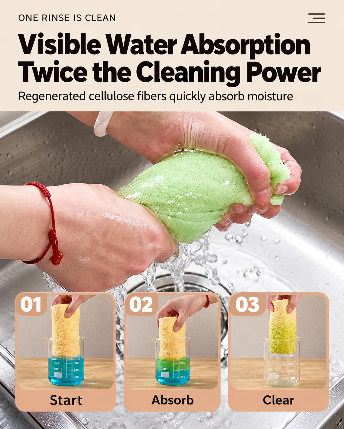 Squeezing absorbent cloth over kitchen sink
